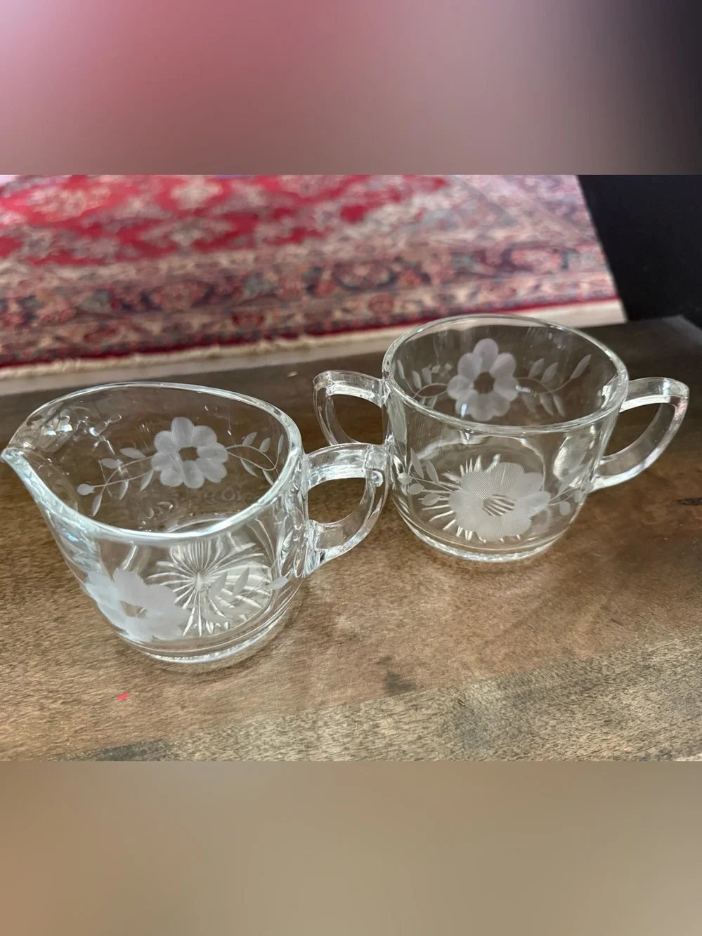 Vintage Floral Cut and Etched Glass Cream, Sugar, and Dish Set